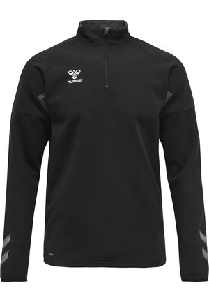Black long-sleeve pullover with a quarter zipper, textured fabric, accented with a white logo and two grey stripes on sleeves.
