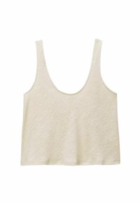 Haut sans manches de couleur crème avec une encolure large en bateau, fabriqué en tissu doux et texturé ; forme décontractée et carrée avec des ourlets cousus.
