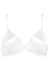Bralette blanche avec une finition satinée lisse, cups triangulaires et bretelles ajustables. Présente un design sans couture pour le confort.