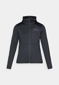 Black zip-up jacket with hood, long sleeves, and a zippered chest pocket featuring "Peak Performance" logo on the left side.