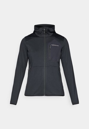 Black zip-up jacket with hood, long sleeves, and a zippered chest pocket featuring "Peak Performance" logo on the left side.