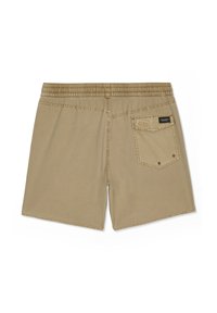 Pantalones cortos de baño beige con cintura elástica y un solo bolsillo trasero con un pequeño parche de logo negro de Volcom.