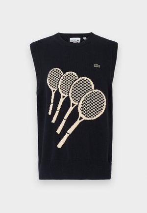 Pull sans manches bleu marine avec un motif de cinq raquettes de tennis en tricot beige et un petit logo Lacoste vert sur la poitrine.