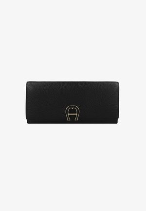 Zwarte leren portemonnee met een gestructureerd oppervlak, voorzien van een goudkleurige metalen accent in de vorm van een paardebit. Rechthoekige vorm.