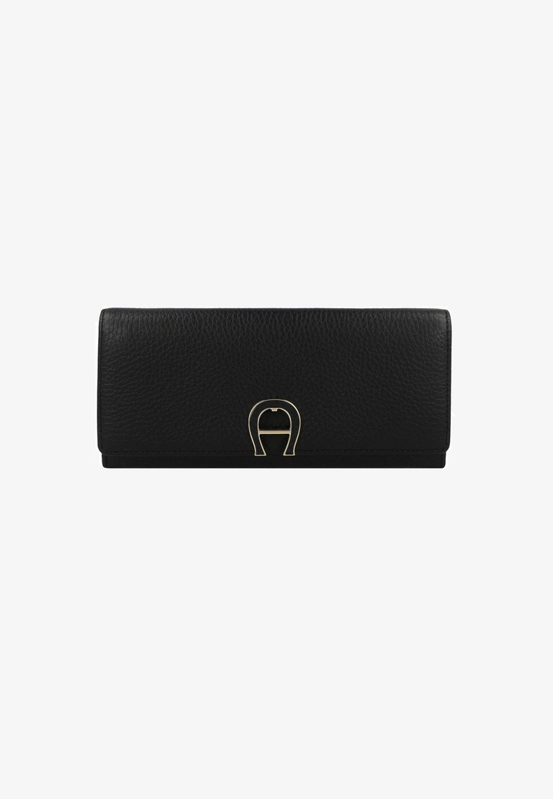 Zwarte leren portemonnee met een gestructureerd oppervlak, voorzien van een goudkleurige metalen accent in de vorm van een paardebit. Rechthoekige vorm.