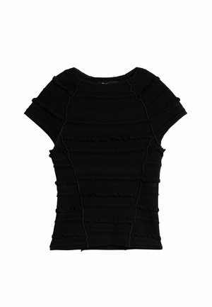 Top nero aderente a maniche corte con strisce arricciate orizzontali testurizzate e cuciture in evidenza, disteso su uno sfondo bianco.