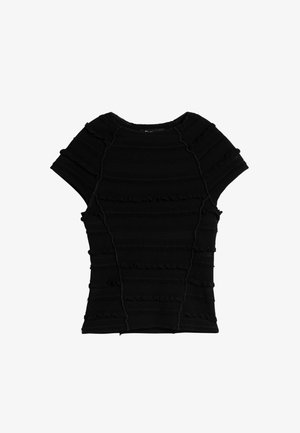 Juodas trumpomis rankovėmis aptemptas viršus su tekstūruotomis horizontaliomis raukiniais juostelėmis ir matomomis siūlėmis, padėtas ant balto fono.