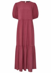 Mauve Leinen-Maxikleid mit rundem Ausschnitt, kurzen Puffärmeln und gestuftem Rock. Mit einer Schlüssel-Aussparung hinten. Glatte Textur.