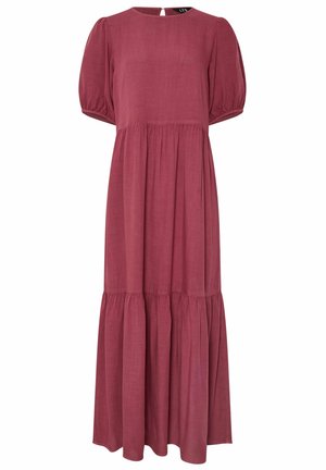 Maksymalna sukienka z lnu w kolorze mauve z okrągłym dekoltem, krótkimi bufkami i wielowarstwowym dołem. Posiada otwarcie w kształcie łezki z tyłu. Gładka tekstura.