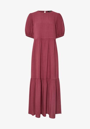 Maksymalna sukienka z lnu w kolorze mauve z okrągłym dekoltem, krótkimi bufkami i wielowarstwowym dołem. Posiada otwarcie w kształcie łezki z tyłu. Gładka tekstura.