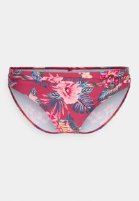 Rote Bikiniunterhose mit floralem Muster, das pinke und grüne Blätter zeigt. Sie hat ein mittelhohes Design und eine glatte Textur.