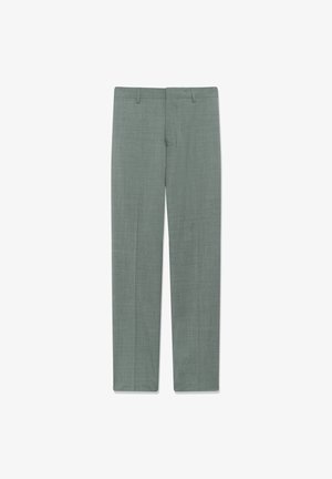 Light gray trousers made of a textured fabric, with straight legs, a flat front, and no visible pockets or embellishments.