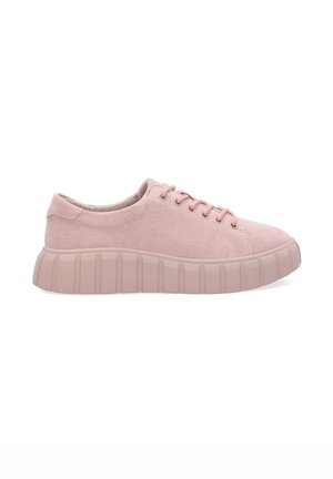 Helle rosa Leinenschuhe mit runder Zehenpartie, Schnürverschluss und strukturiertem Obermaterial. Dicke, geriffelte Sohle für zusätzlichen Komfort und Unterstützung.