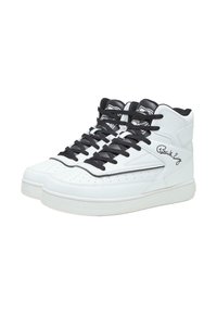 High-top sneakers in white leather with black accents. Features thick black laces, perforated toe, and a textured rubber sole.