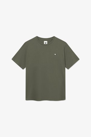 Plain olive green short-sleeve t-shirt with crew neck and small circular white "W" logo on the left chest.