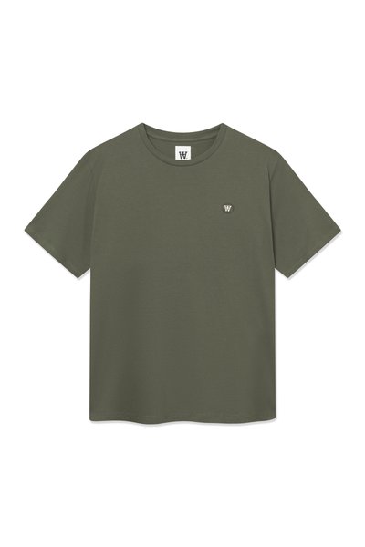 Plain olive green short-sleeve t-shirt with crew neck and small circular white "W" logo on the left chest.