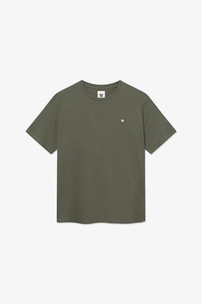Plain olive green short-sleeve t-shirt with crew neck and small circular white "W" logo on the left chest.