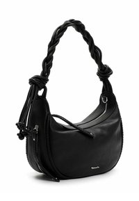 Borsa a mano in pelle nera con manico intrecciato, forma curva, chiusura superiore con cerniera e ferrature argentate. Dotata di tasca laterale con zip.