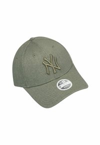 Khaki green baseball cap with an embroidered NY logo, soft fabric, and curved brim, featuring a 9FORTY size tag on the underside.