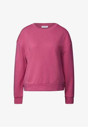 Rosa Sweatshirt mit Rundhalsausschnitt, überschnittenen Schultern und dekorativen Nieten auf den Schultern. Besitzt gerippte Bündchen und Saum.