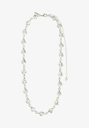 Sidabrinė apyrankė, sudaryta iš išskirtinių grandinėlių su įmontuotais perlais, demonstruojanti tekstūruotą dizainą ir saugų užsegimą.