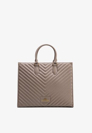 Bolso rectangular acolchado color topo con doble asa y placa con logo dorado de Wittchen centrada en la parte delantera.