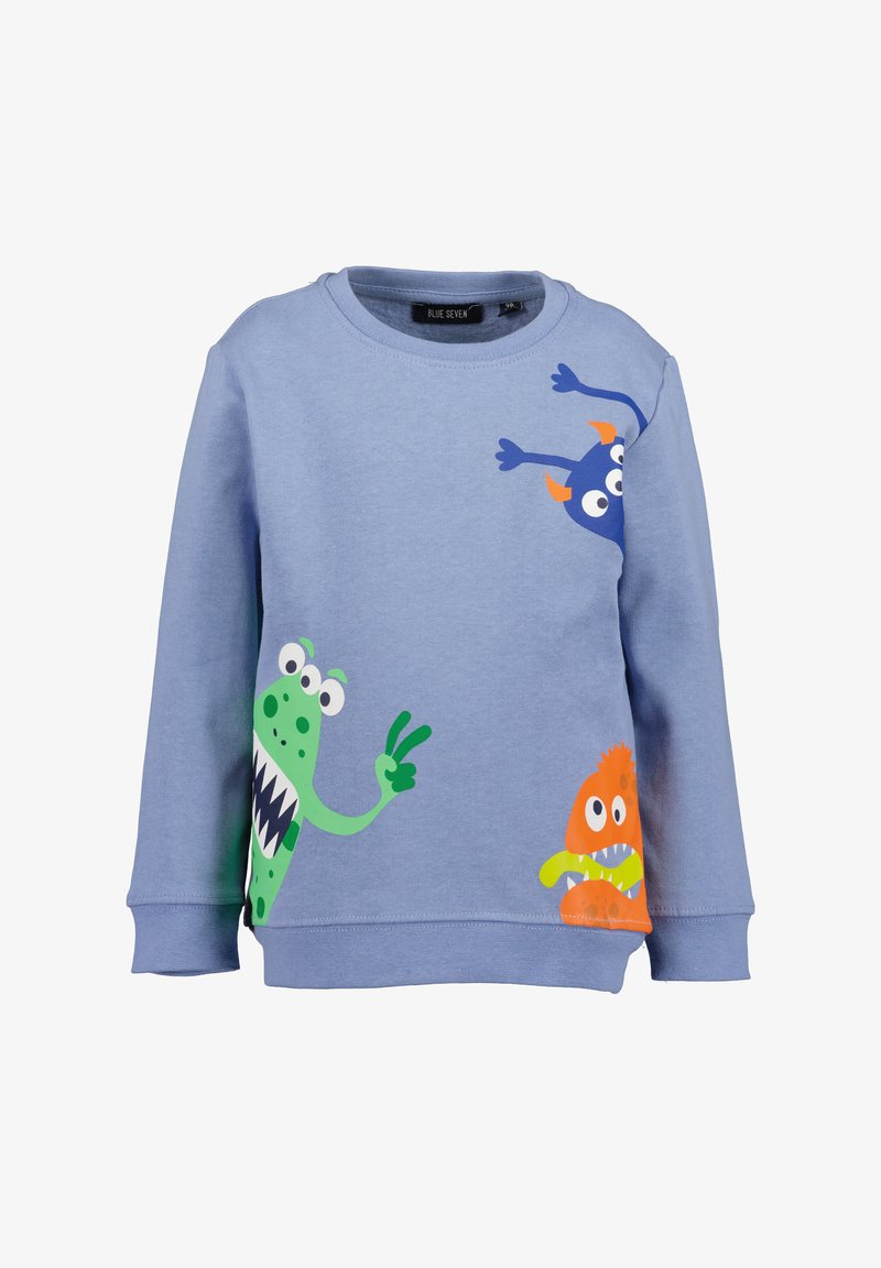 Felpa di colore azzurro chiaro realizzata in tessuto morbido, con tre grafiche di mostri cartoon in verde, blu e arancione, dotati di espressioni giocose e dettagli.