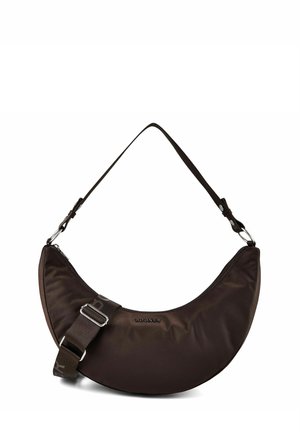 Dunkelbraune, halbmondförmige Schultertasche mit verstellbarem Riemen und silberner Hardware, mit dem "Bogner" Logo vorne in der Mitte.