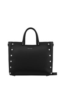 Black textured leather tote bag with two handles, silver studs along sides, and small silver brand logo centered on front.
