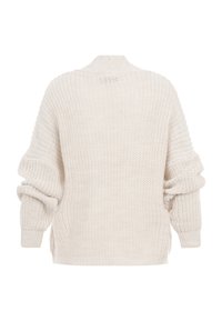 Pull en maille épaisse de couleur crème avec des manches longues et amples et des poignets côtelés, vu de dos sur un fond blanc.