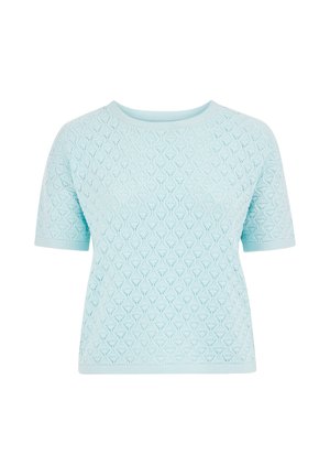 Hellblaues kurzärmeliges Strickoberteil mit strukturiertem Rauten- und Wellenmuster und rundem Halsausschnitt.
