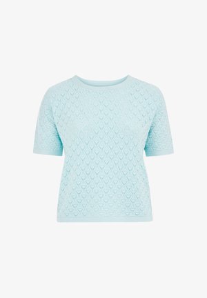 Hellblaues kurzärmeliges Strickoberteil mit strukturiertem Rauten- und Wellenmuster und rundem Halsausschnitt.