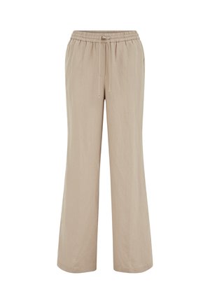 Beige weite Hose mit elastischem Bund und Kordelzug, gefertigt aus leichtem Stoff.