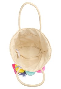 Rund vævet taske i naturlige fibre. Cremefarvet indvendigt med en enkelt lomme. Farverige pomponer i pink, gul og blå pynter ydersiden.