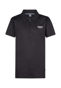 Černé polo tričko vyrobené z bavlny s polo zipem a l�ímečkem. Obsahuje bílé logo na hrudi a krátké rukávy. Hladký povrch.