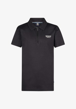 Zwarte poloshirt van katoen met een halve ritssluiting en kraag. Beschikt over een wit logo op de borst en korte mouwen. Gladde textuur.