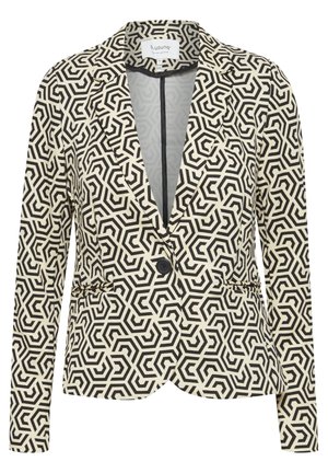 Blazer cu model alb și negru, cu design geometric, având rever tăiat, închidere cu un singur nasture și două buzunare frontale.