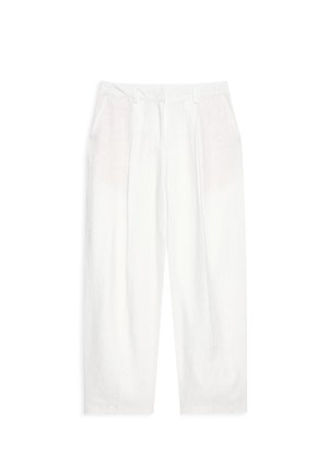 White linen wide-leg trousers with front pleats and side pockets, featuring a textured finish and a relaxed silhouette.