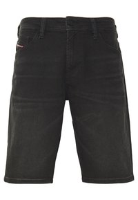 Black denim shorts with button and zip closure, belt loops, front pockets, and a branded tag on the right pocket.