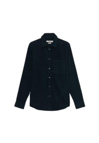 Camicia in velluto a coste blu scuro con maniche lunghe, colletto a punta, tasca frontale e orlo arrotondato. Texture morbida, taglio classico, dettagli minimi.