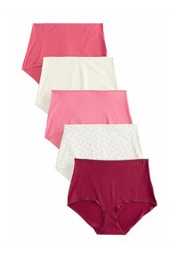 Femton par högmidjade trosor i varierande nyanser av rosa, vitt med rosa prickar och mörk burgundy; tillverkade av mjukt tyg.
