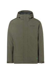 Giacca impermeabile verde oliva con colletto alto, chiusura con zip e dettagli del logo. Presenta una texture liscia e polsini regolabili.