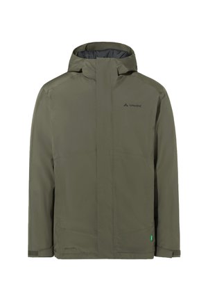 Olivgrüne wasserdichte Jacke mit hohem Kragen, Reißverschluss vorne und Logodetail. Hat eine glatte Textur und verstellbare Ärmelbündchen.