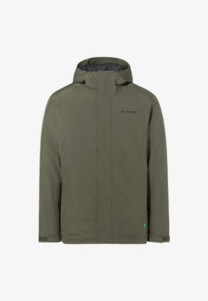 Olivgrüne wasserdichte Jacke mit hohem Kragen, Reißverschluss vorne und Logodetail. Hat eine glatte Textur und verstellbare Ärmelbündchen.