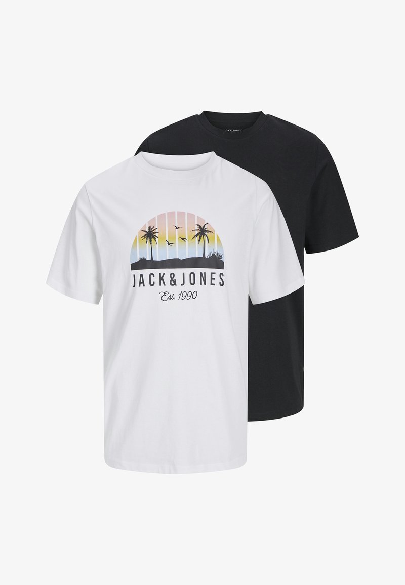Two T-shirts: one white featuring a colorful sunset graphic with palm trees, and one plain black. Made of cotton, short sleeves, crew neck.