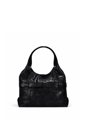 Bolso de mano de cuero negro con una textura suave, correa ancha para el hombro y pliegues sutiles. Presenta una correa central y un cierre superior seguro.