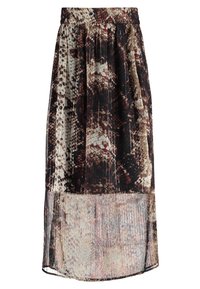 Mid-length skirt featuring a snake print pattern in earthy tones of brown, beige, and black. Made of lightweight, sheer fabric with pleats.