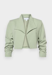 Veste vert clair coupée, avec de larges revers et des manches froncées. Confectionnée dans un tissu lisse avec un design structuré et sans attaches visibles.