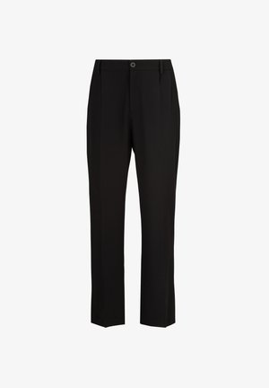 Schwarze, maßgeschneiderte Hosen aus einem glatten Stoff. Sie verfügen über einen Knopfverschluss, Falten an der Vorderseite und ein gerades Bein-Design.