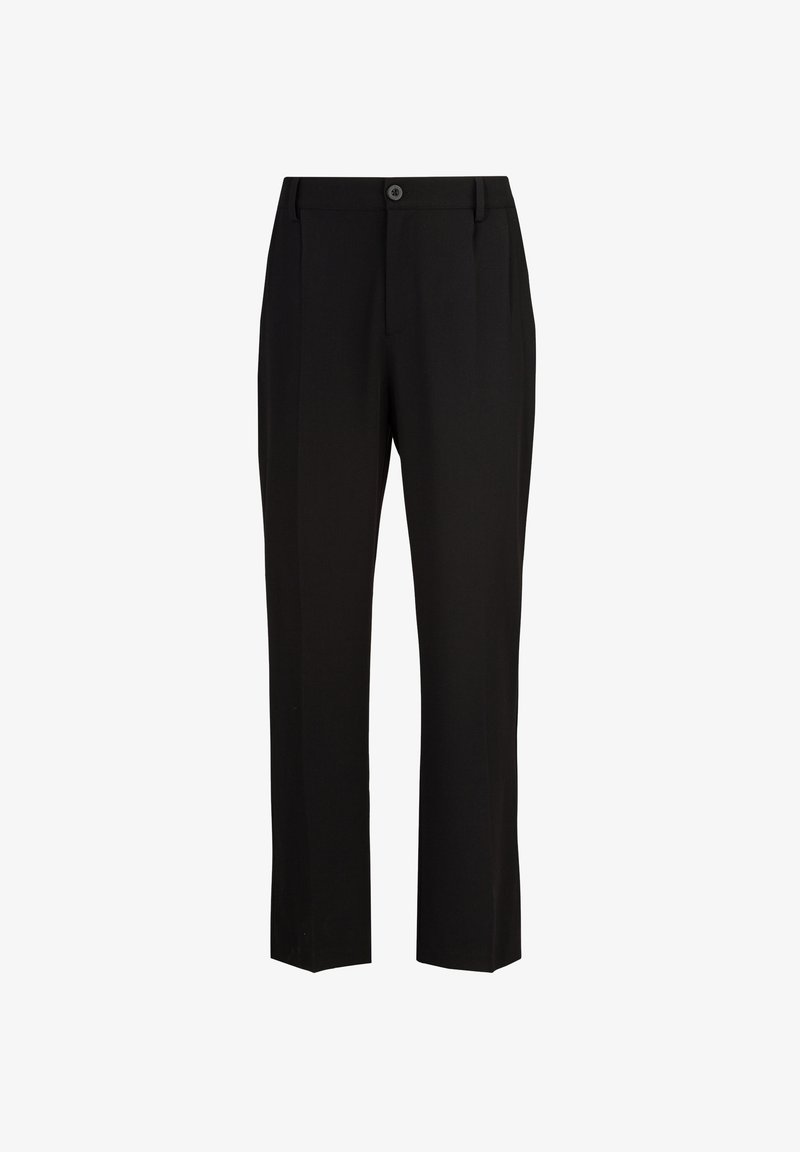 Schwarze, maßgeschneiderte Hosen aus einem glatten Stoff. Sie verfügen über einen Knopfverschluss, Falten an der Vorderseite und ein gerades Bein-Design.